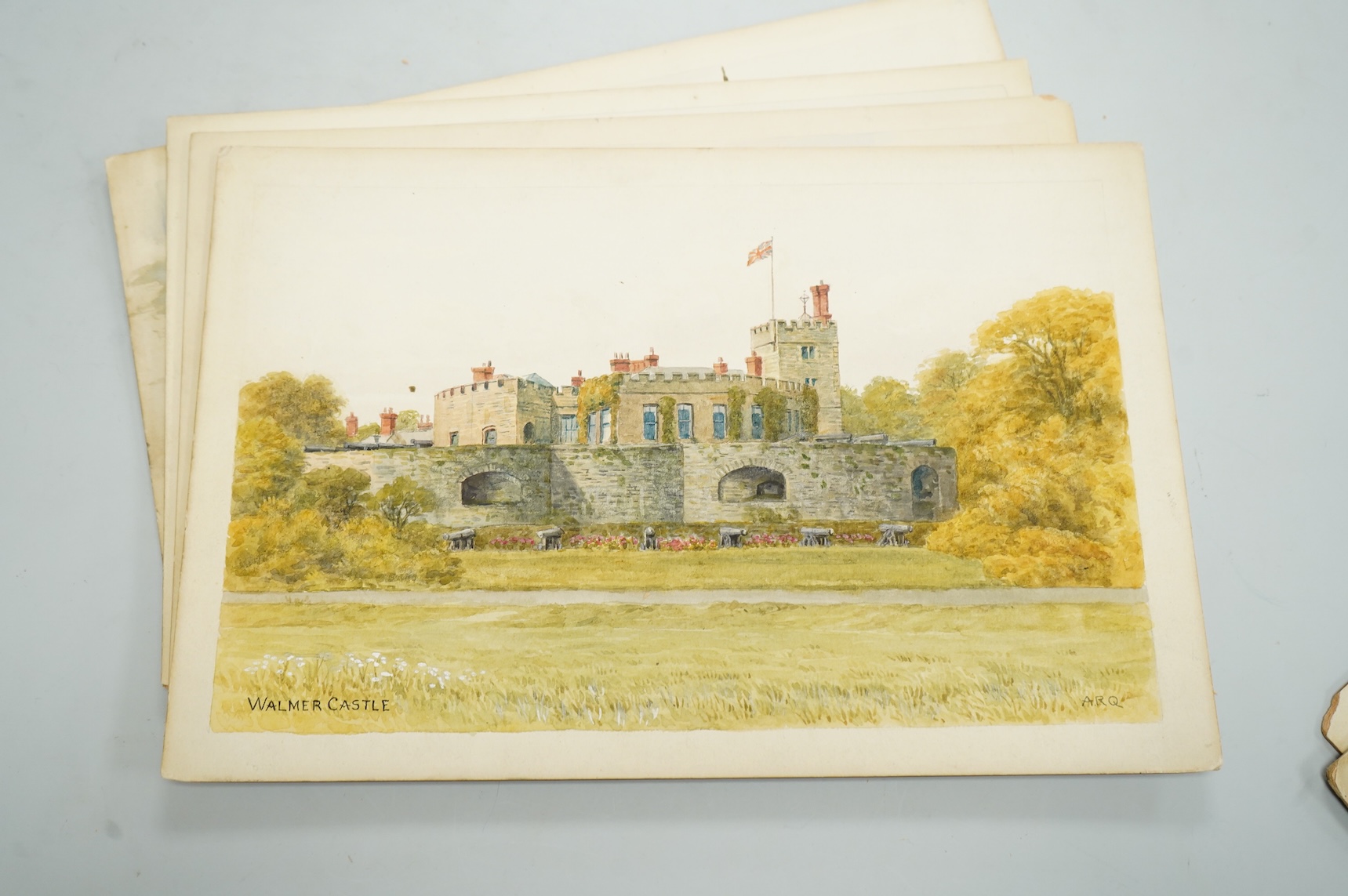 Alfred Robert Quinton (1853-1934), Set of six original watercolours for postcard designs, Kent coastal views to include: On the Cliffs, Birchington, Walmer Castle, Promenade and Cliffs, Cliftonville and The Harbour, Whit